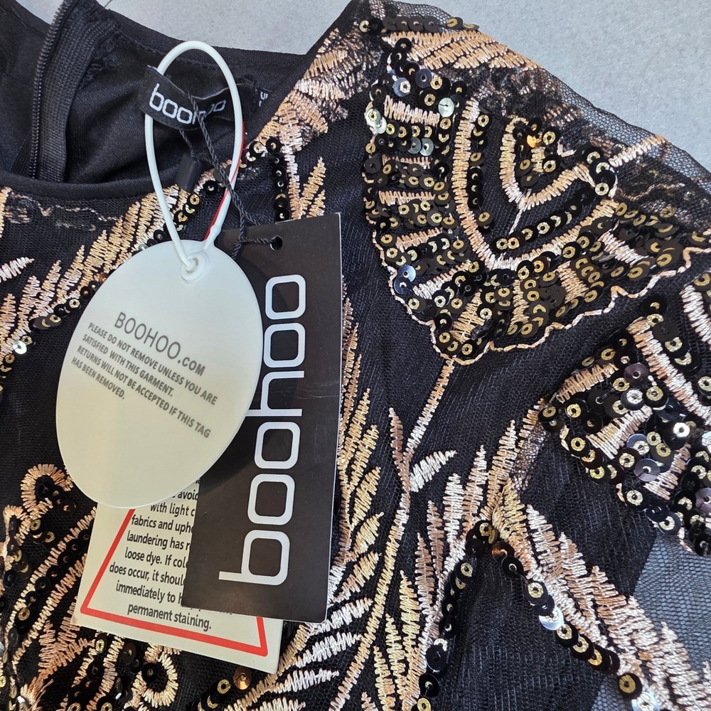 Boohoo Sequin Embroidered Mesh Jumpsuit Black Gold Wide Leg Plus Size 16/18 NEW - Picture 3 of 8